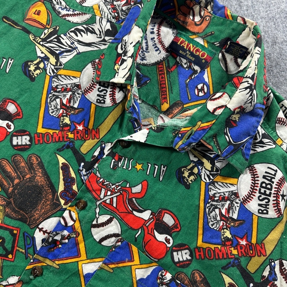 Vtg Tango by Max Raab Shirt Mens Large Green Baseball Print 100% Cotton USA